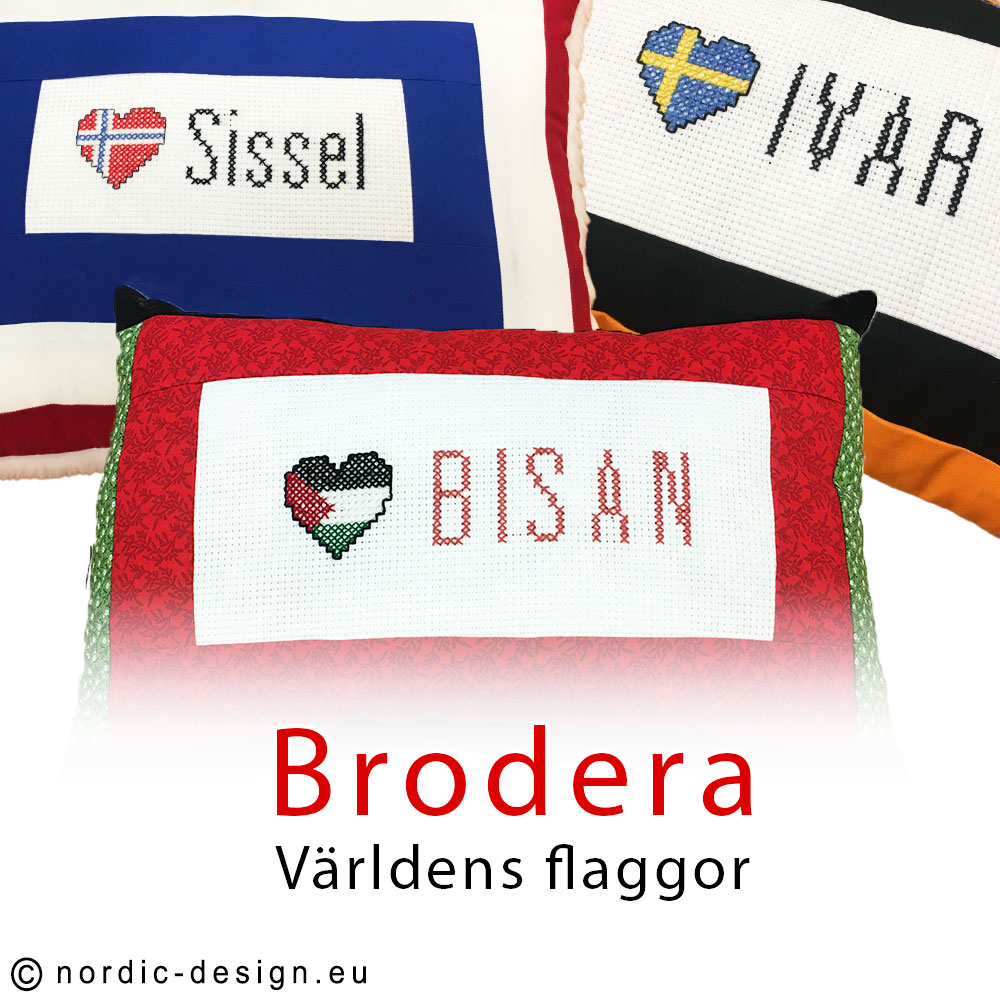 Brodera världens flaggor med korsstygnsbroderi - Perfekta broderier till skolan och textilslöjden.